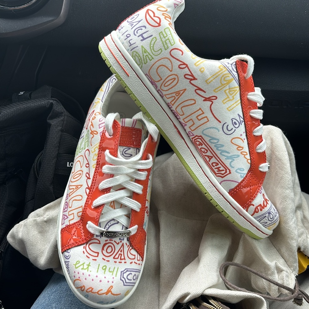 Coach sneakers sz 8.5 NAYA graffiti orange white